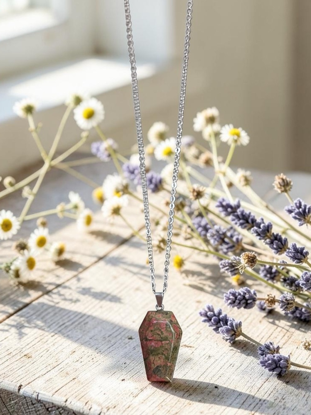 UNAKITE natural stone coffin pendant necklace on silver chain NEW